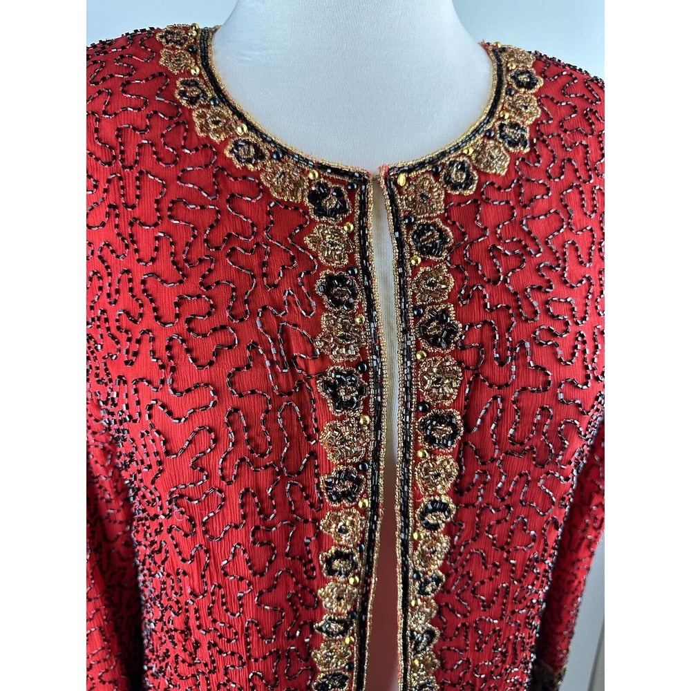 *Flawed* Vintage Laurence Kazar Silk Beaded Embellished Jacket Red Plus Size 2X - Picture 10 of 16